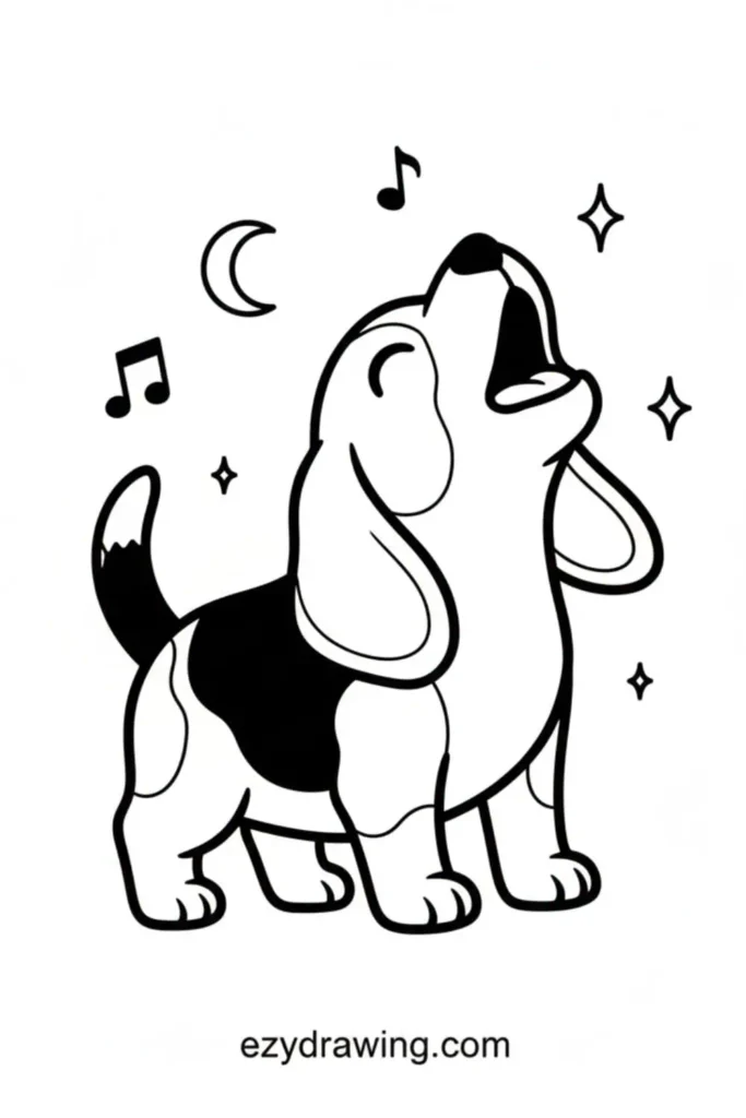 Cute Beagle puppy howling at the moon with musical notes, floppy ears, and sparkles around, showing an expressive playful pose.