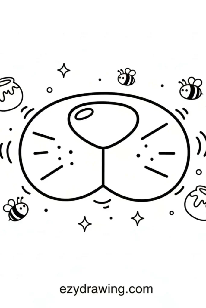 Cute bear nose drawing with rounded snout, small freckles, buzzing bees, honey pots, dots, and sparkly accents around it
