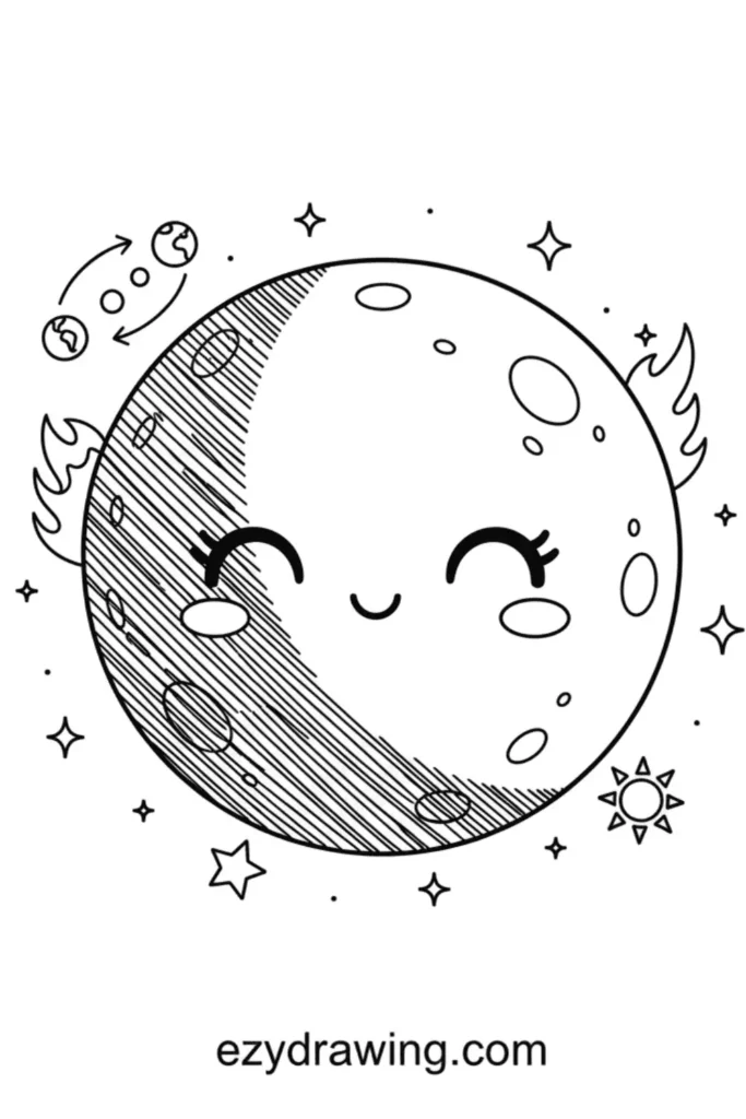 Cute blood moon eclipse with a smiling face, craters, shading, stars, tiny sun, and orbit icons in simple line art, ezydrawing.com text below