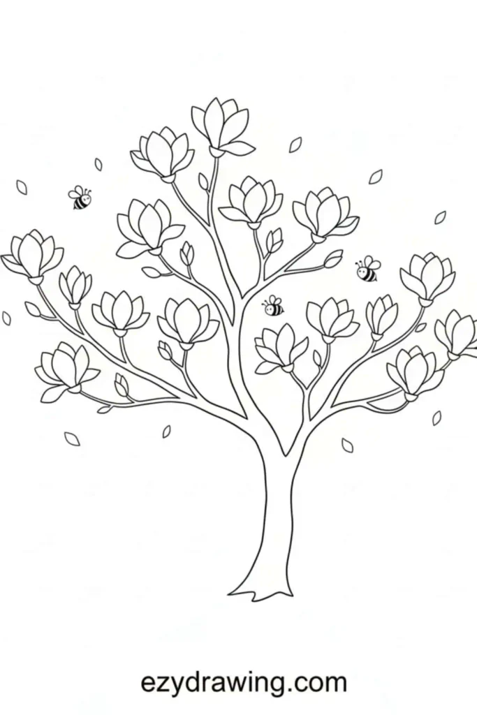 Cute magnolia tree with blooming flowers, soft branches, falling petals, and tiny bees buzzing around in a simple kid friendly drawing style