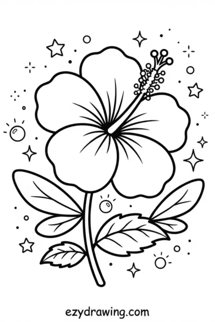 Hibiscus flower line drawing with leaves, stars and sparkles, black outlines, simple fantasy style coloring page for kids!!!
