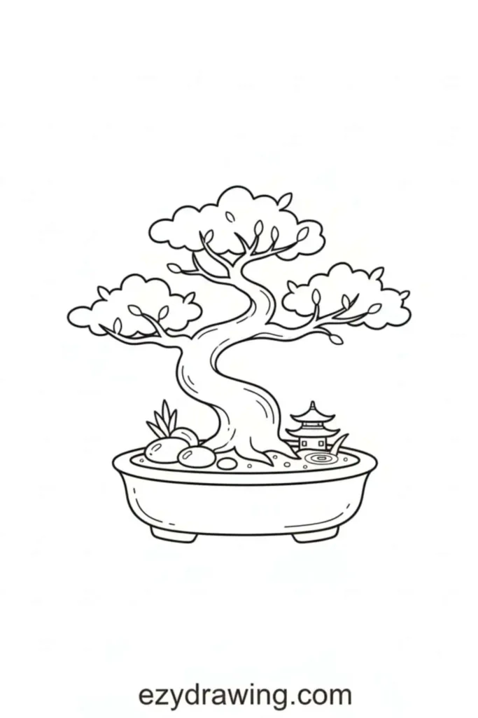 Cute bonsai tree with curved branches, fluffy leaves, small rocks, and a tiny pagoda sitting in a rounded pot in a calm, simple drawing style.