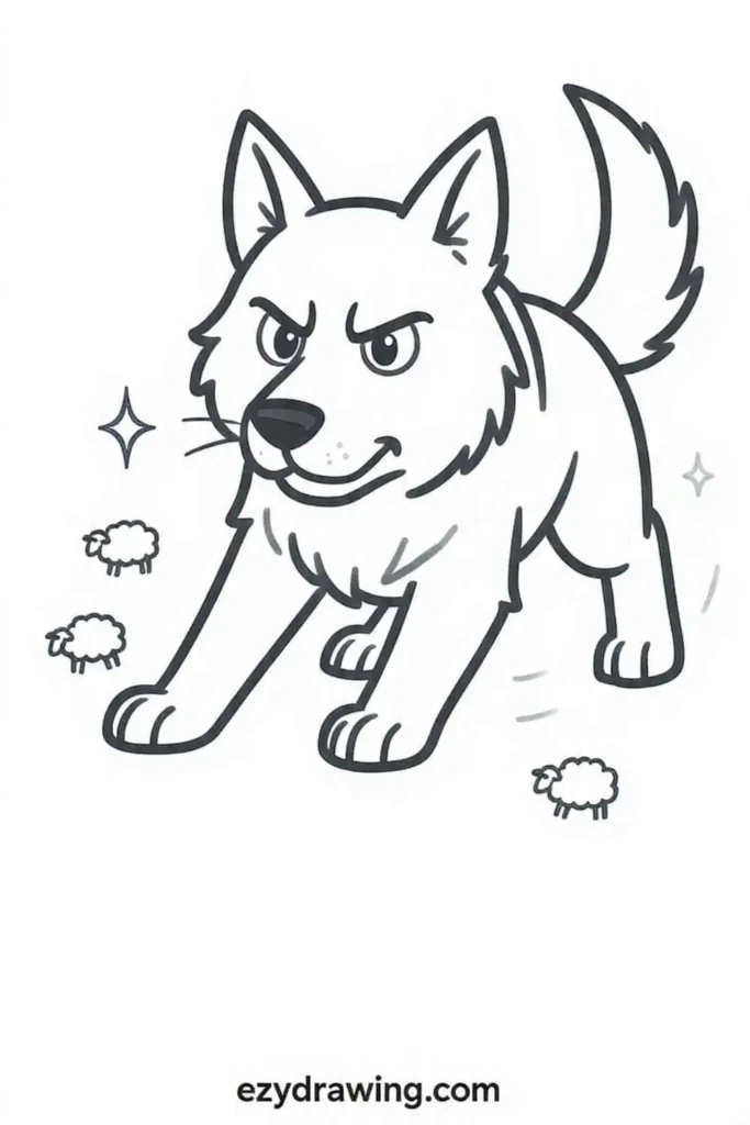 Focused Border Collie drawing in a herding stance with alert eyes, fluffy tail, and small sheep around showing its working energy.