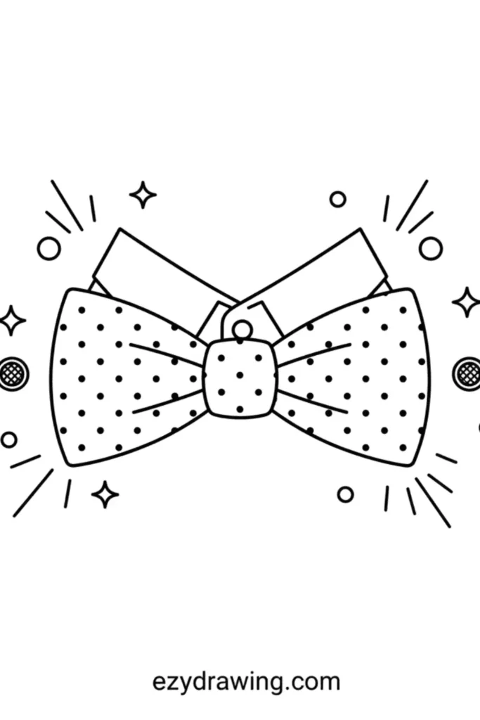 Polka dot bow tie with a simple collar surrounded by sparkles dots and small accents drawn in a clean outline style for kids to color
