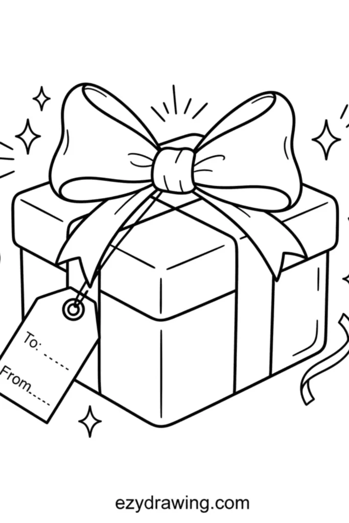 Gift box with a large ribbon bow a to from tag sparkles and simple decorative lines drawn in a clean outline style for kids to color