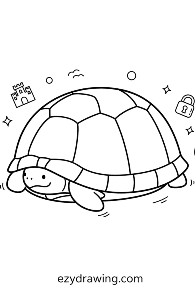 Cute box turtle hiding under its big shell with a tiny smile, surrounded by sparkles, a castle doodle, and a lock icon in ezydrawing com style