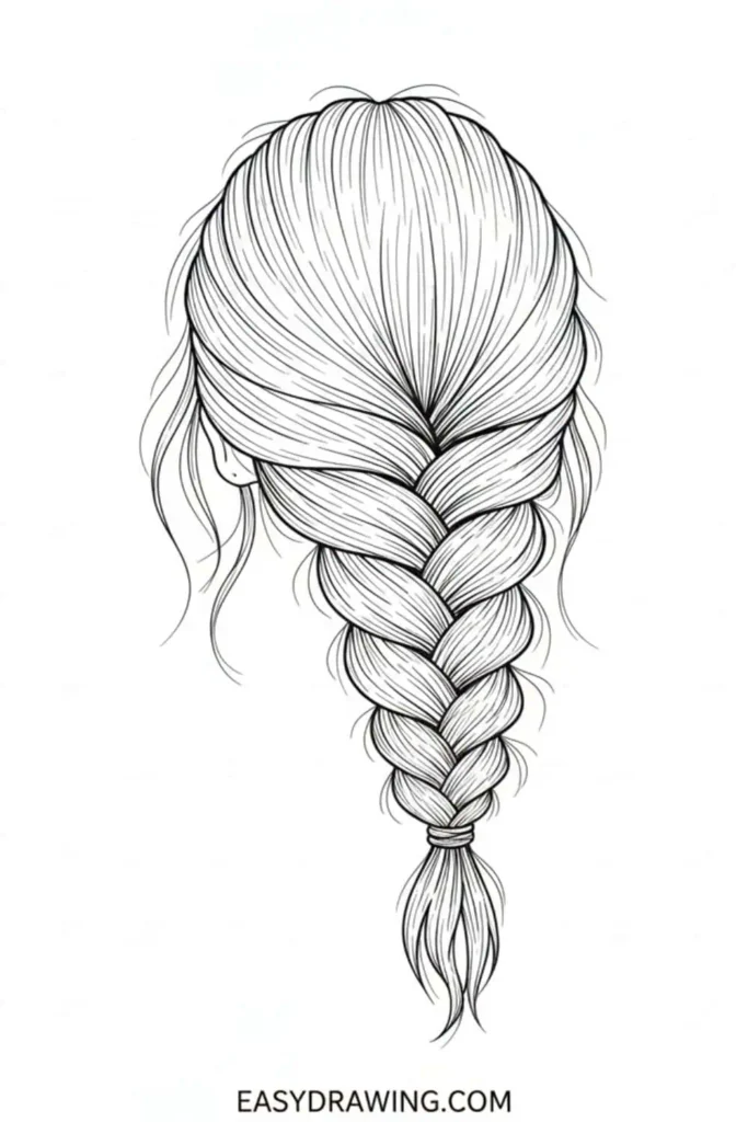 Easy braided hair drawing with detailed strands and loose wispy pieces in a simple beginner friendly outline