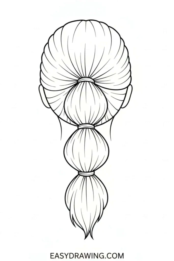 Bubble ponytail hairstyle drawing with three rounded sections tied evenly down the back in a simple outline style