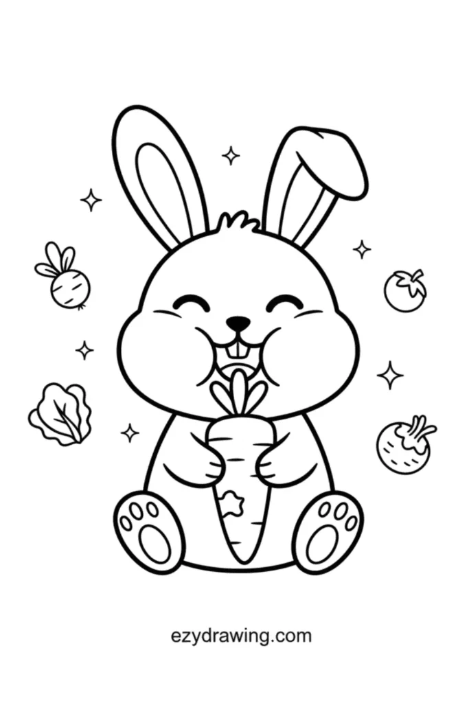 Happy bunny with big cheeks holding a carrot, surrounded by veggies and sparkles, cute kid friendly line art style, ezydrawing.com text below.