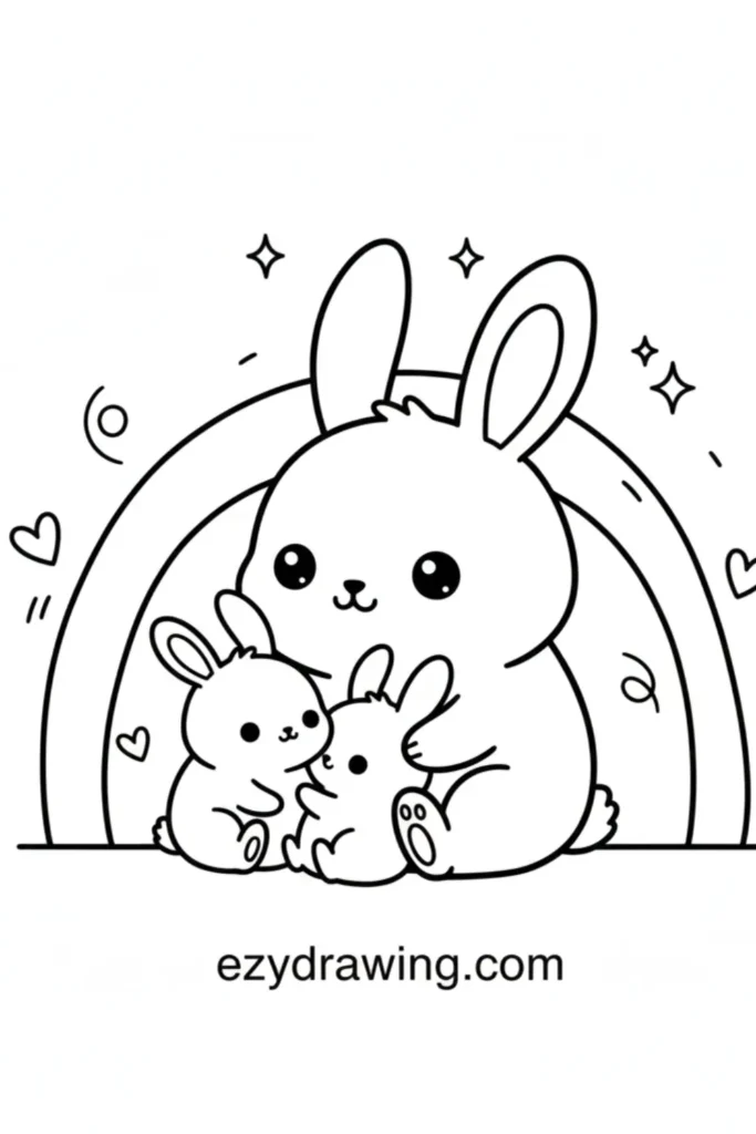 Cute bunny family sitting together under a rainbow with hearts and sparkles around, simple kid friendly line art style, ezydrawing.com text below
