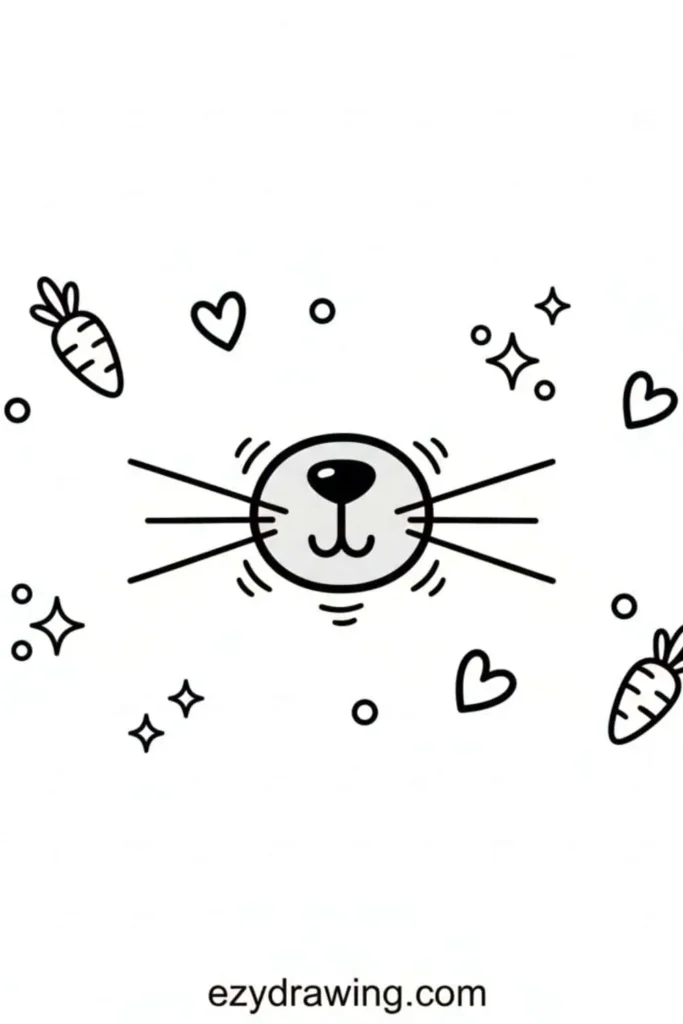 Cute bunny nose drawing with long whiskers, tiny mouth, sparkles, hearts, dots, and small carrots around it.