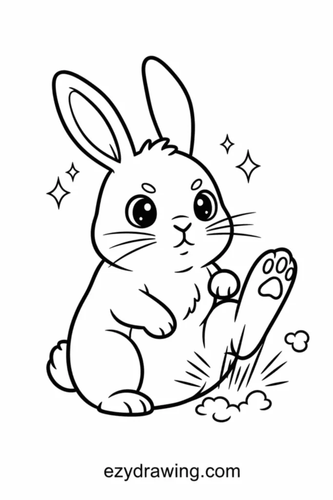 Cute bunny thumping its foot with sparkles and dust puffs around, expressive kid friendly line art style, ezydrawing.com text below