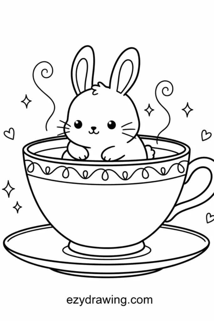 Cute bunny sitting inside a decorated teacup with hearts, sparkles, and swirls around, simple kid friendly line art, ezydrawing.com text below