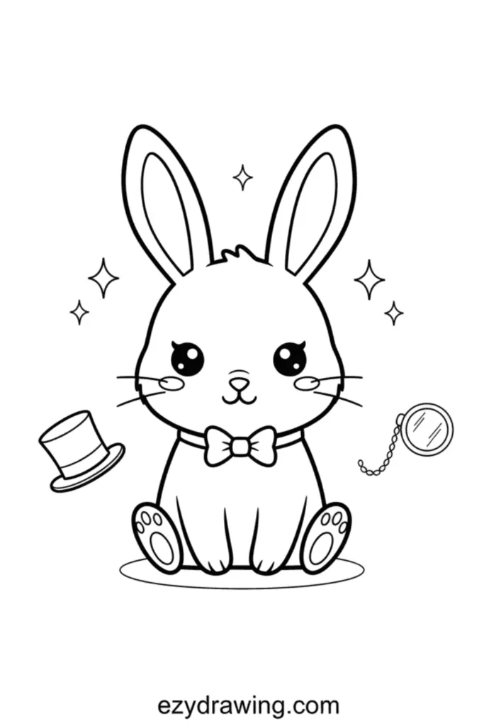 Cute bunny with big eyes wearing a bow tie, surrounded by sparkles, a top hat, and a monocle, simple kid friendly line art, ezydrawing.com text.