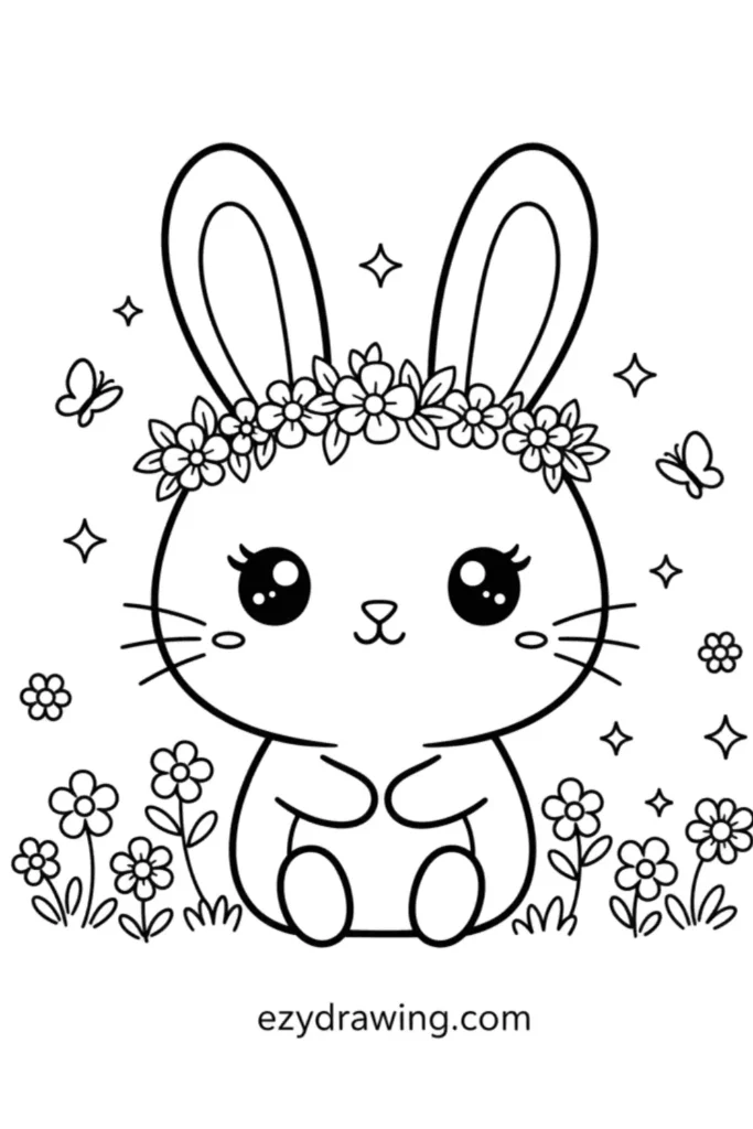 Cute bunny with big eyes wearing a flower crown, surrounded by flowers, butterflies, and sparkles, simple kid friendly line art, ezydrawing.com text