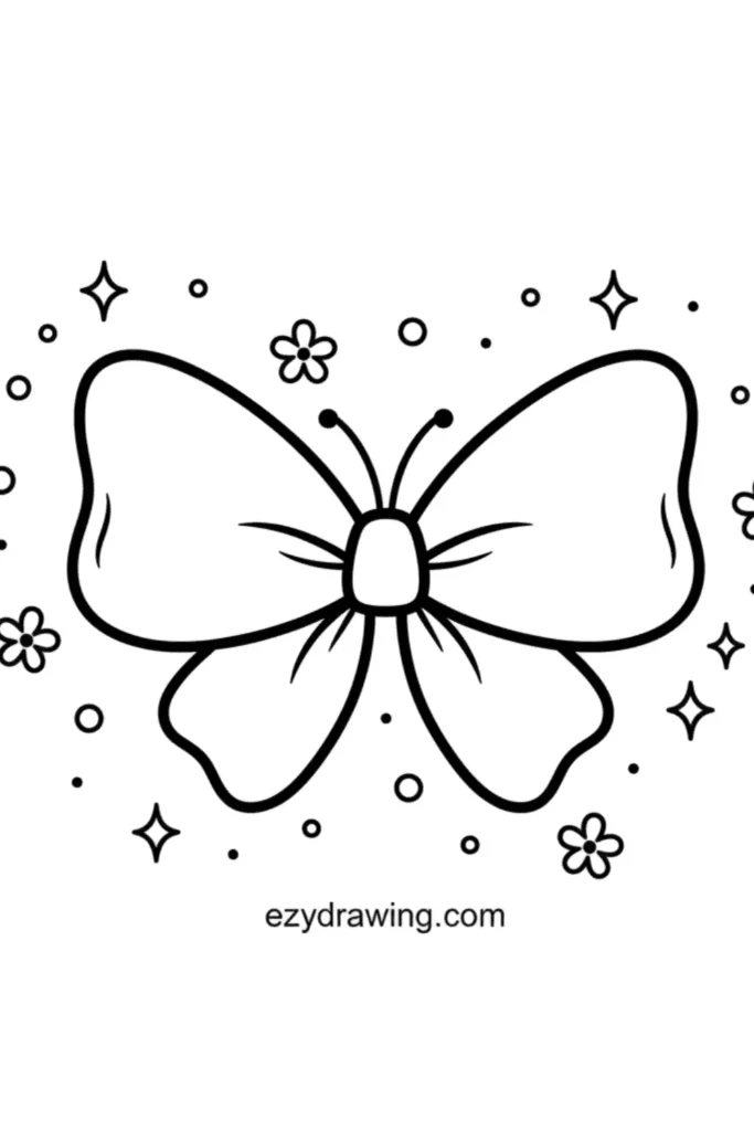 Butterfly shaped bow with rounded wings surrounded by flowers sparkles and dots drawn in a simple outline style for kids to color