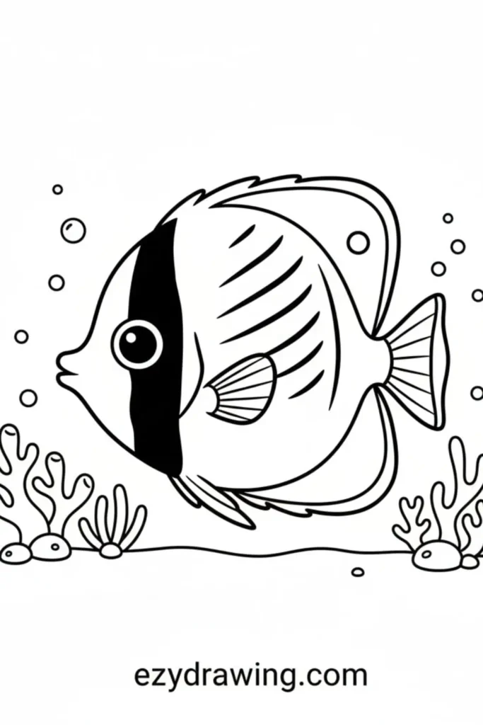 Cute butterfly fish with a bold black stripe, curved fins, bubbles, and coral plants along the seabed in a simple kids drawing style