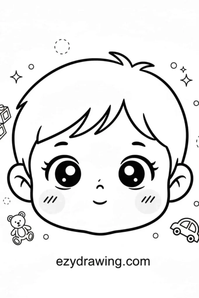 Adorable child portrait drawing with big eyes, short hair, blushing cheeks, and small toy doodles like a teddy bear and car plus ezydrawing dot com