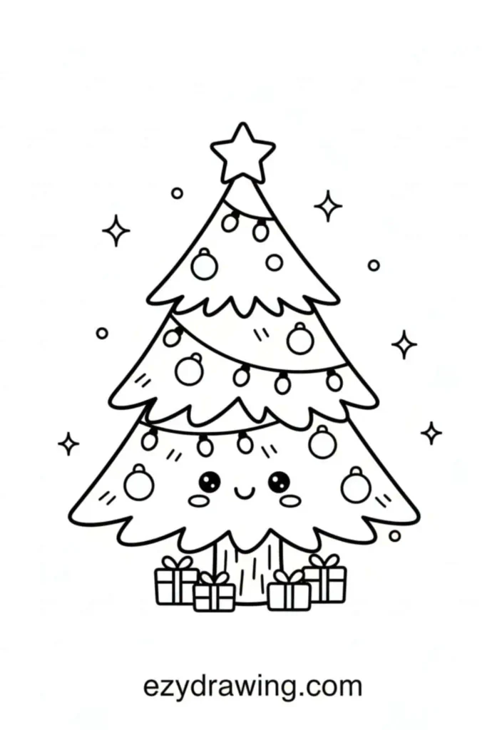 Cute Christmas tree with a smiling face, ornaments, a star topper, and small gift boxes at the base, surrounded by sparkles in a simple style.