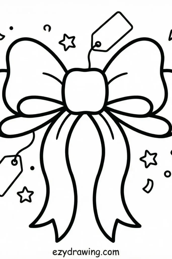 Pretty gift bow with long ribbons, floating tags, stars, and confetti accents, drawn in a simple outline style for kids to color