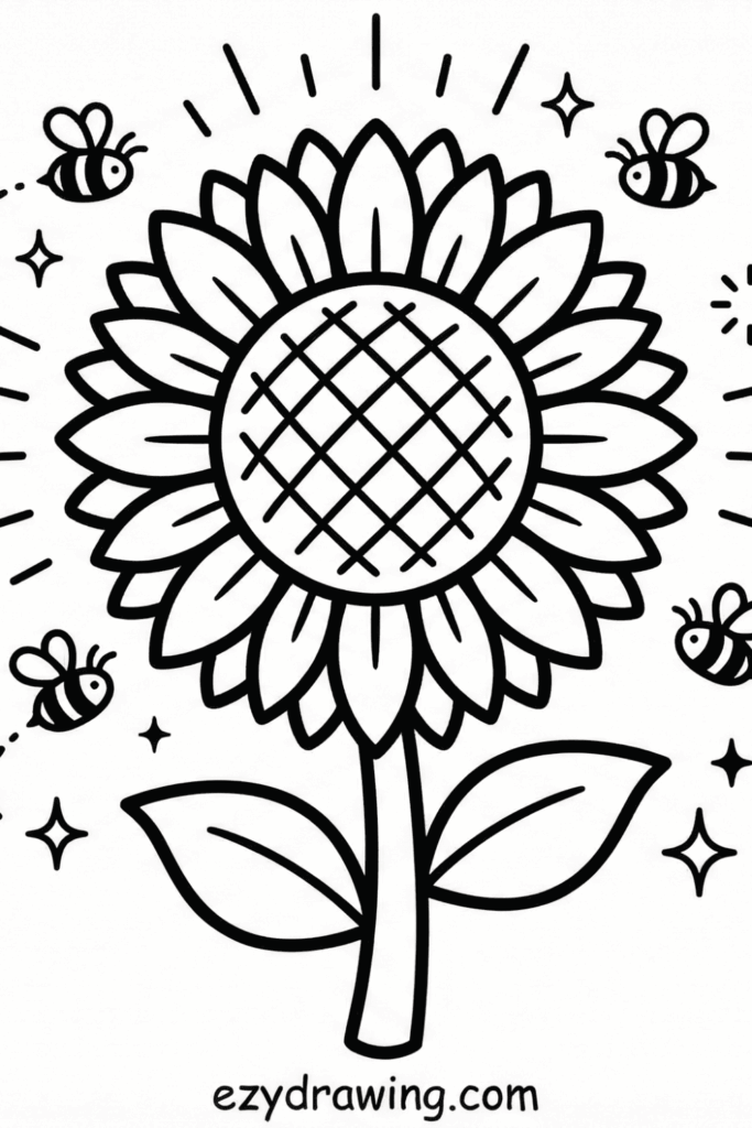 Sunflower with bold petals, simple stem, bees and sparkles in black line art, kid friendly style with ezydrawing.com written at the bottom