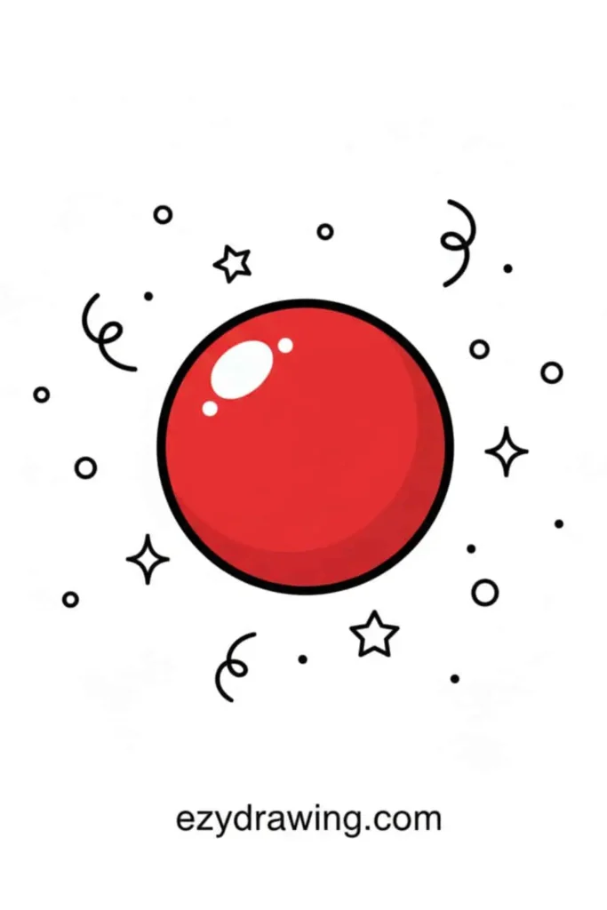 Bright red clown nose drawing with a shiny highlight, surrounded by stars, dots, and swirly decorative lines.
