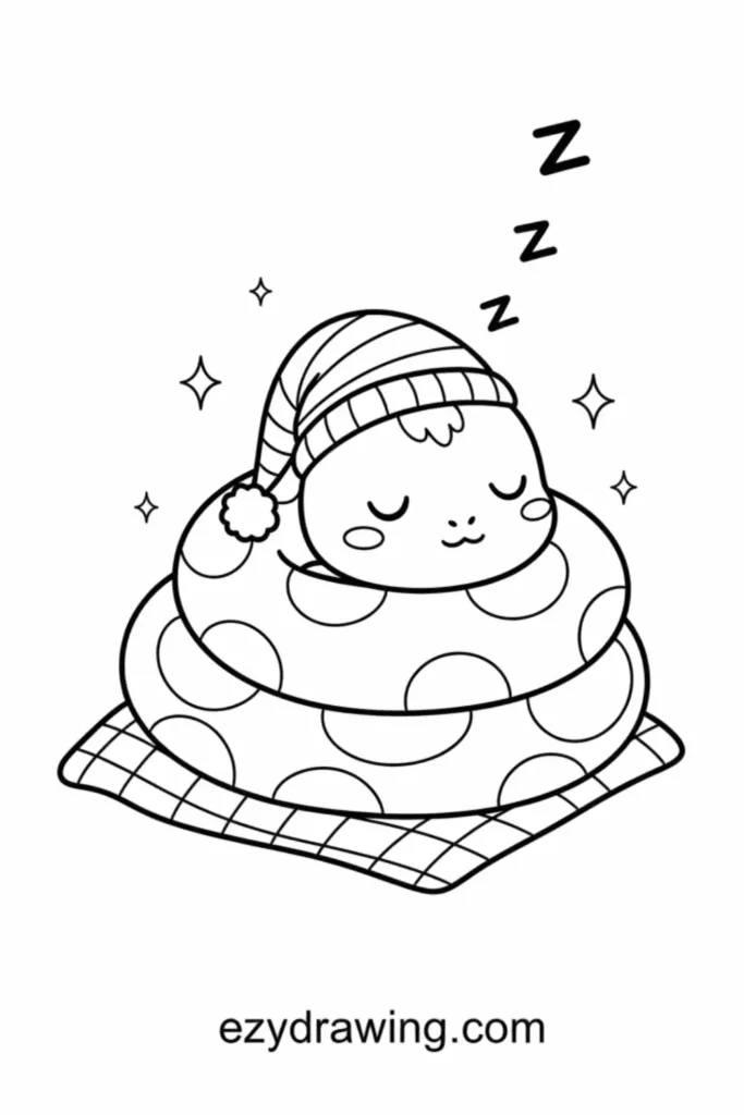 Sleeping coiled snake in polka-dot body wearing a nightcap, Zzz above, sparkles, ezydrawing.com.