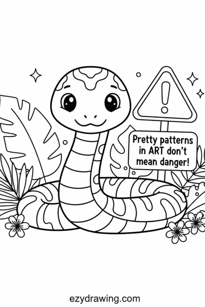 Cute banded snake coloring page by plants and flowers, sign says Pretty patterns in ART don't mean danger, ezydrawing.com