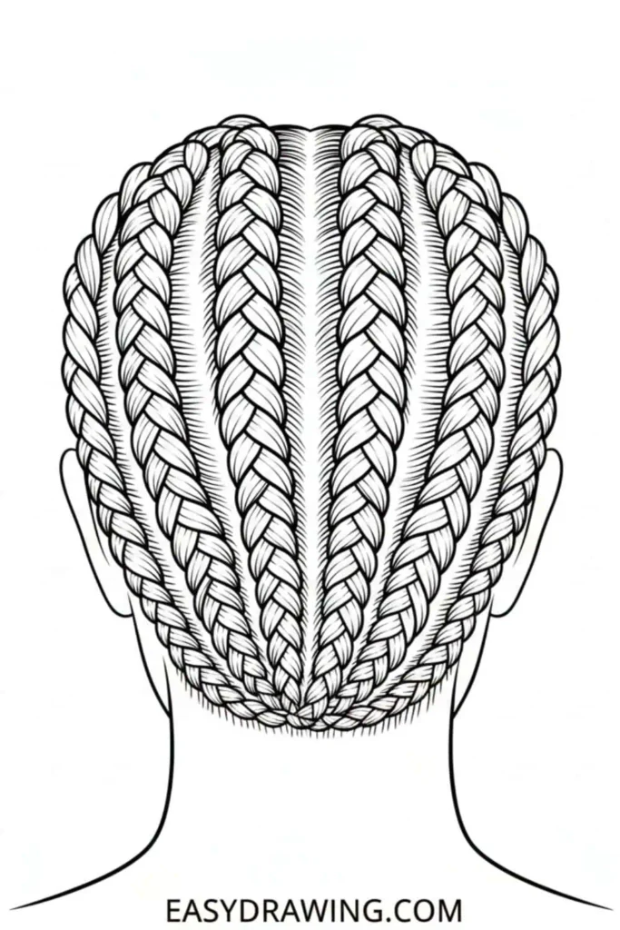 Cornrows hairstyle drawing showing multiple neat braids patterned tightly across the scalp in a back view