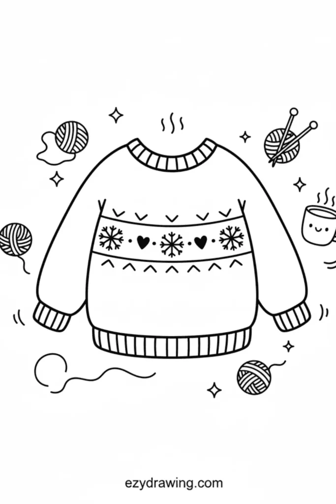Cozy winter sweater with snowflakes hearts and simple knitted patterns surrounded by yarn balls sparkles and a cute warm drink in outline style