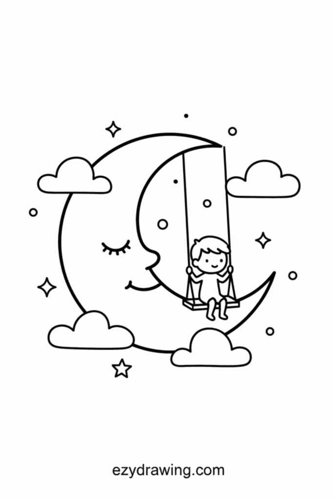 Child sitting on a swing hanging from a smiling crescent moon, surrounded by clouds and stars in simple cute line art, ezydrawing.com text below