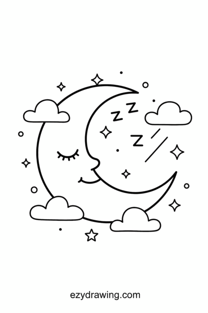 Smiling crescent moon floating with clouds, stars, and Z marks in a cute simple night scene, child friendly line art, ezydrawing.com text below