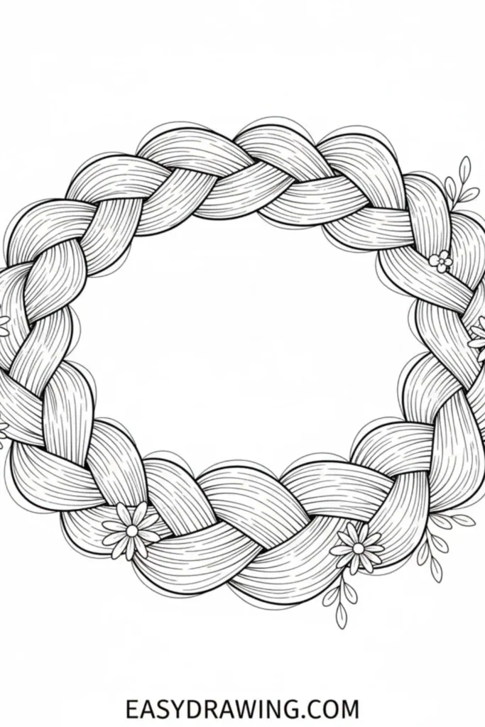 Crown braid drawing with woven hair wrapped in a circular shape and small flowers added for detail in a clean outline style