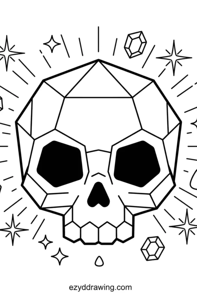 Crystal skull with faceted geometric shapes, dark eye sockets, shining stars, and scattered gems in a bold outlined style