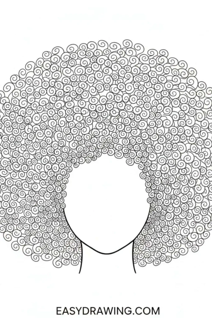Curly afro hair drawing with tight spiral curls forming a full rounded shape in a simple outline style