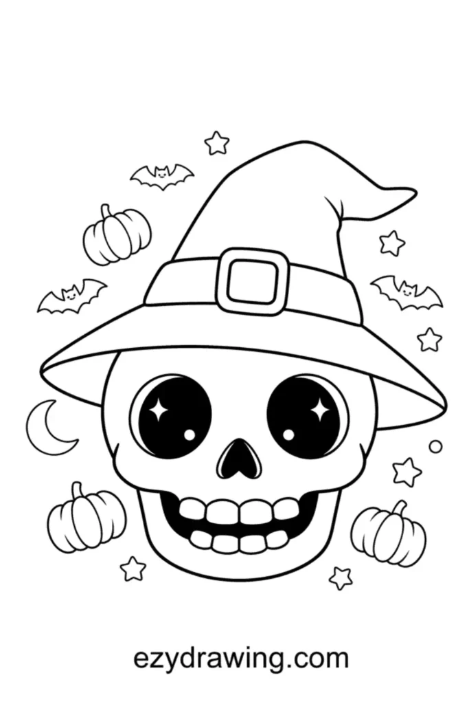 Cute Halloween skull wearing a witch hat with sparkling eyes, pumpkins, bats, stars, and a crescent moon in a simple bold outline style