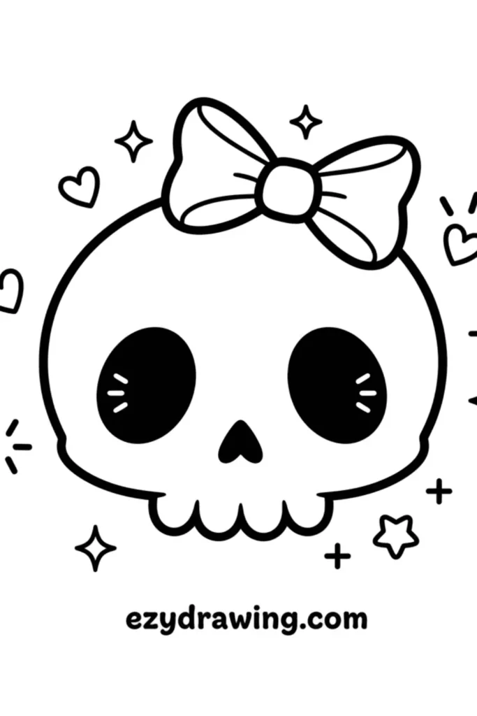 Cute kawaii skull with a big bow, round eyes, tiny heart and star doodles around it, simple black outline for kids drawing.hi
