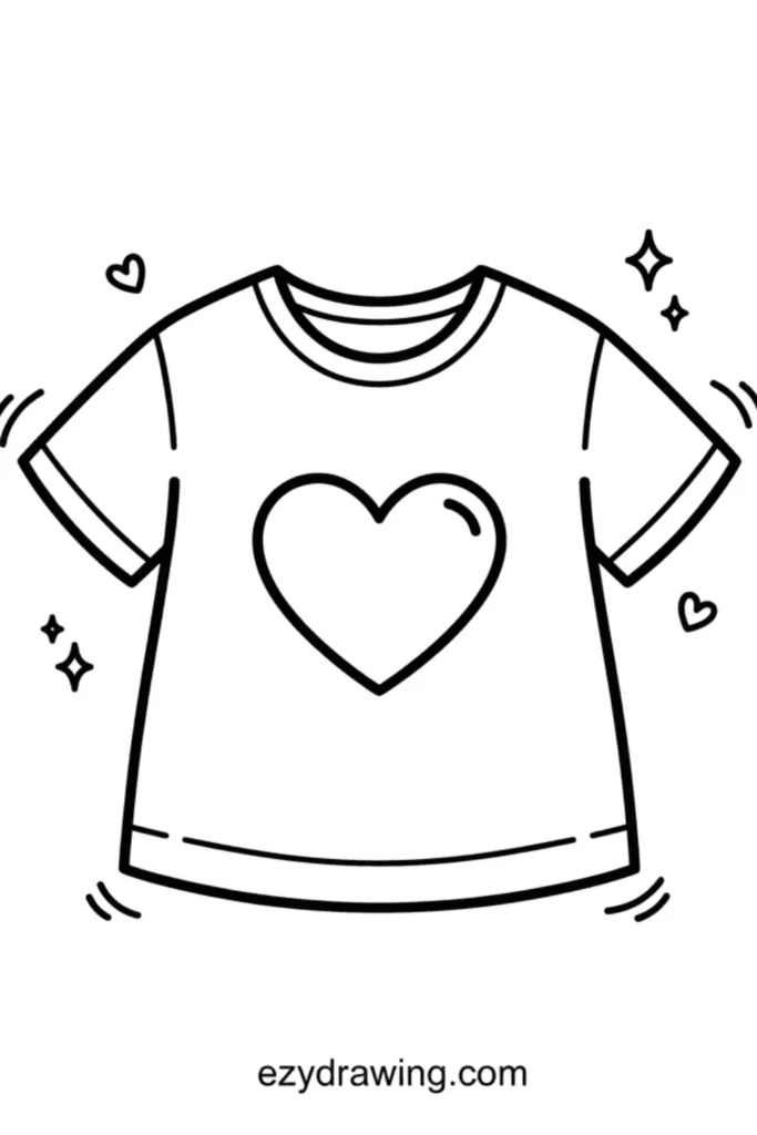 Cute t shirt with a heart design in the center surrounded by small hearts sparkles and simple accents drawn in a kid friendly outline style