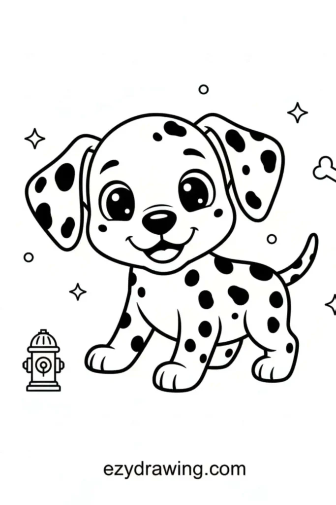 Cute Dalmatian puppy drawing with big eyes and black spots, standing happily beside a fire hydrant, stars, and a bone