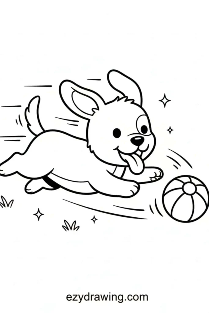 Happy cartoon puppy running with its tongue out, chasing a ball playfully across grass, with motion lines and sparkles around