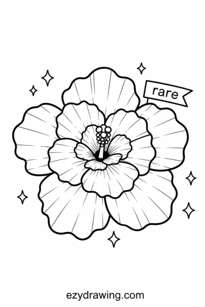 Double hibiscus flower line drawing with layered petals, center stamens and sparkles, clean outlines, printable coloring page