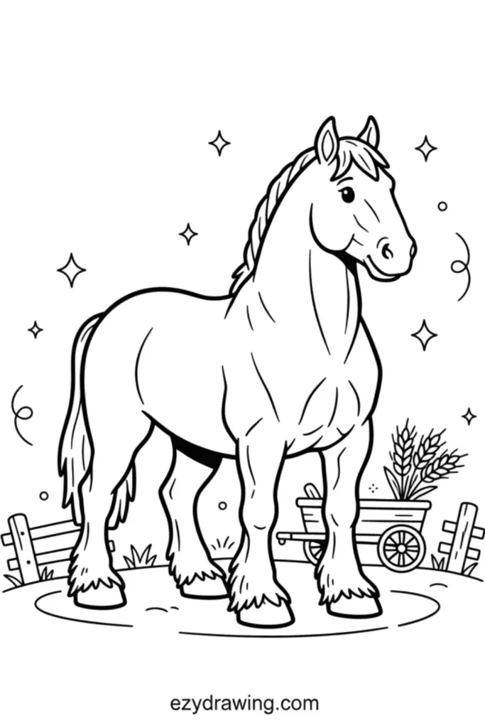 Strong draft horse with braided mane standing near a wagon and fence with stars and simple farm details in ezydrawing com outline style