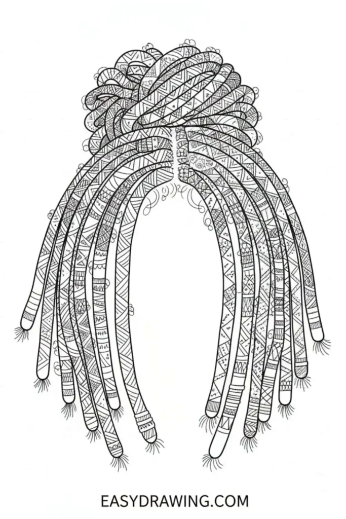 Dreadlocks hair drawing with detailed patterned locks and a tied top section in a clean outline style