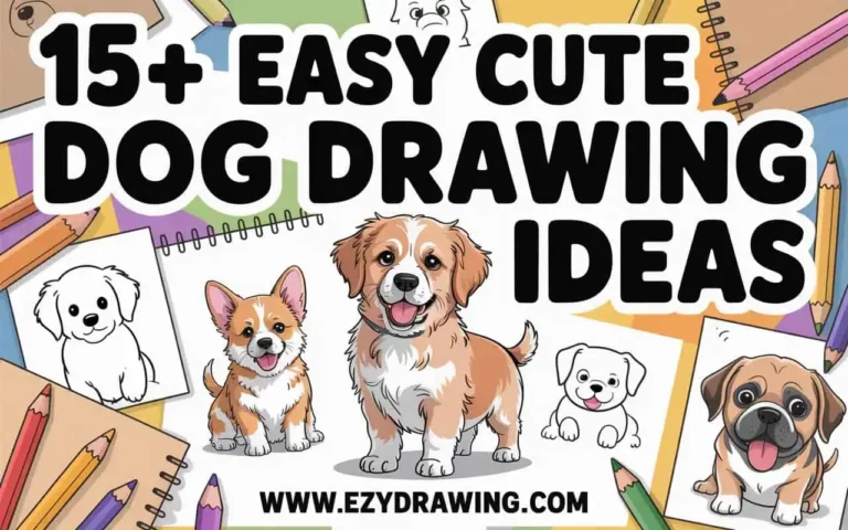 15+ easy cute dog drawing ideas featuring adorable puppies, Corgi, and Pug sketches with colored pencils and drawing notebooks.