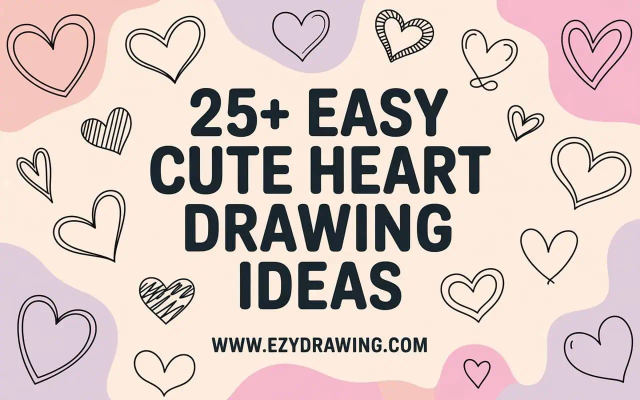 Cute heart drawing ideas cover image with hand drawn heart doodles around bold title text and pastel background for kids and beginners tutorials