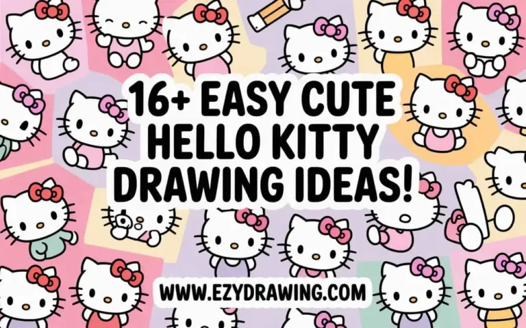 Cute collage showing adorable Hello Kitty drawings in various poses with colorful pastel backgrounds and bold text title