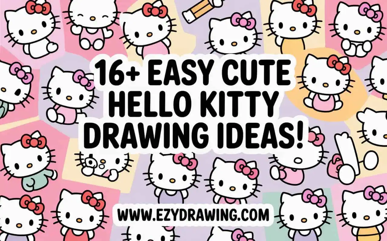 Cute collage showing adorable Hello Kitty drawings in various poses with colorful pastel backgrounds and bold text title
