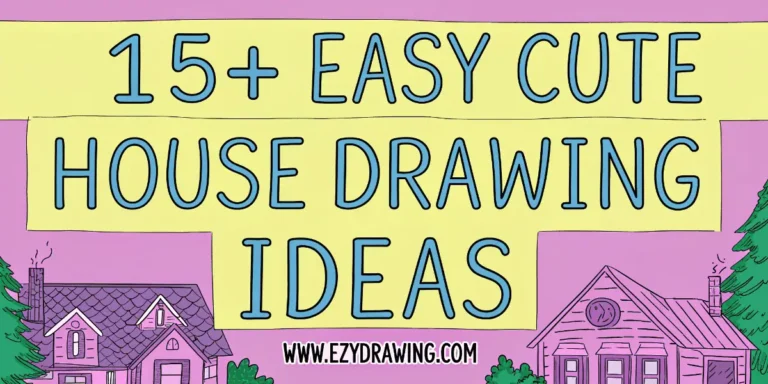 Cute illustrated banner showing colorful houses and bold text saying 15 + easy cute house drawing ideas with the ezydrawing website