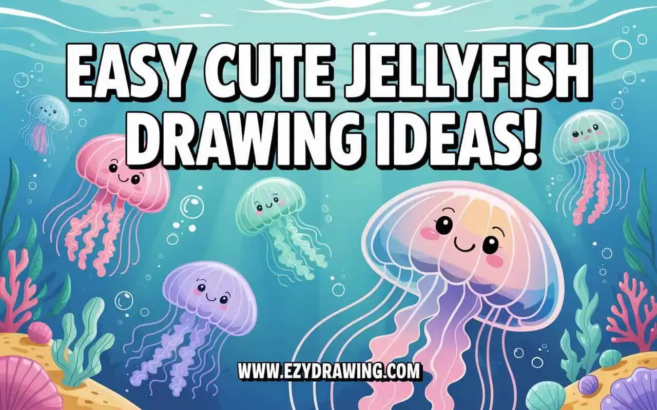 Colorful underwater scene featuring cute smiling jellyfish surrounded by corals and bubbles — ezydrawing.com illustration.
