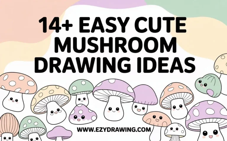 Cute pastel mushroom characters with smiling faces lined up under bold text that says 14 + easy cute mushroom drawing ideas on a soft colorful background.